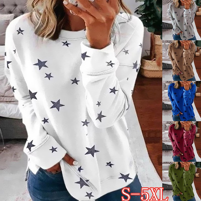 Women's Oversized Star Print Sweatshirt with Round Neck, Extended Back and Side Slits