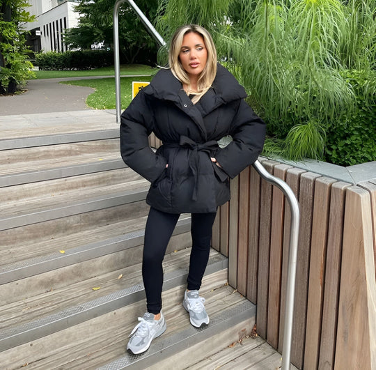 Belted Puffer Jacket Plus Size Collar Winter Coat