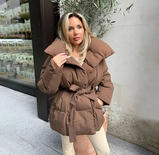 Belted Puffer Jacket Plus Size Collar Winter Coat