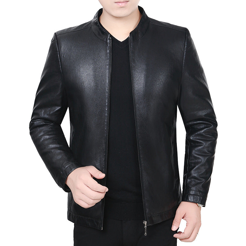 Men's Leather Jacket with Stand-up Collar and Minimalist Zip Front