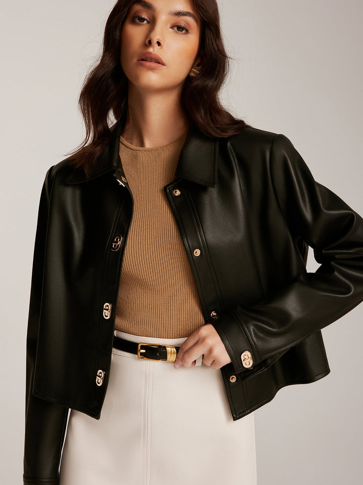 Button Pu Leather Short Jacket