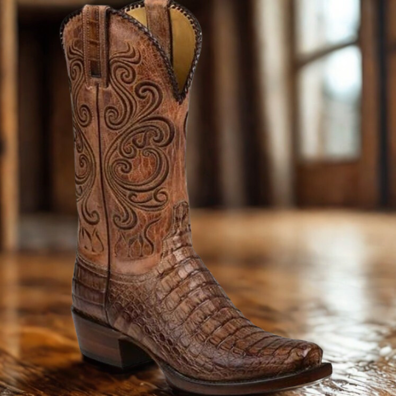 Western Boots - Embossed Leather with Block Heel