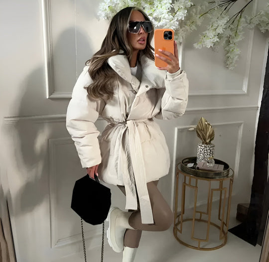 Belted Puffer Jacket Plus Size Collar Winter Coat