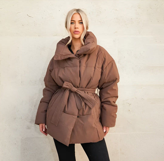 Belted Puffer Jacket Plus Size Collar Winter Coat