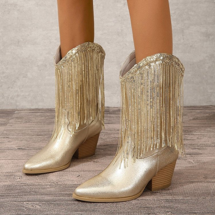Women's Knee-high Fringe Cowboy Boots with Fine Beaded Fringe Decoration and Sculpted Block Heel