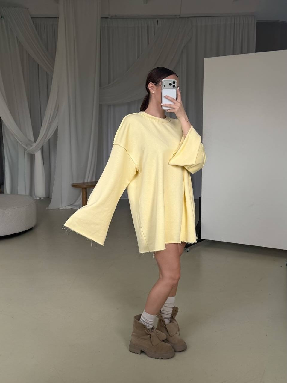 Women Oversized Sweater Dress with Wide Trumpet Sleeves