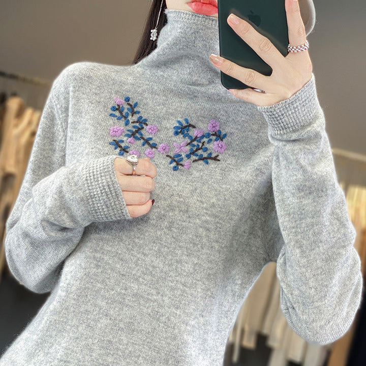 Women's Cashmere-Optics Turtleneck Sweater with Delicate Floral Embroidery on the Chest Area