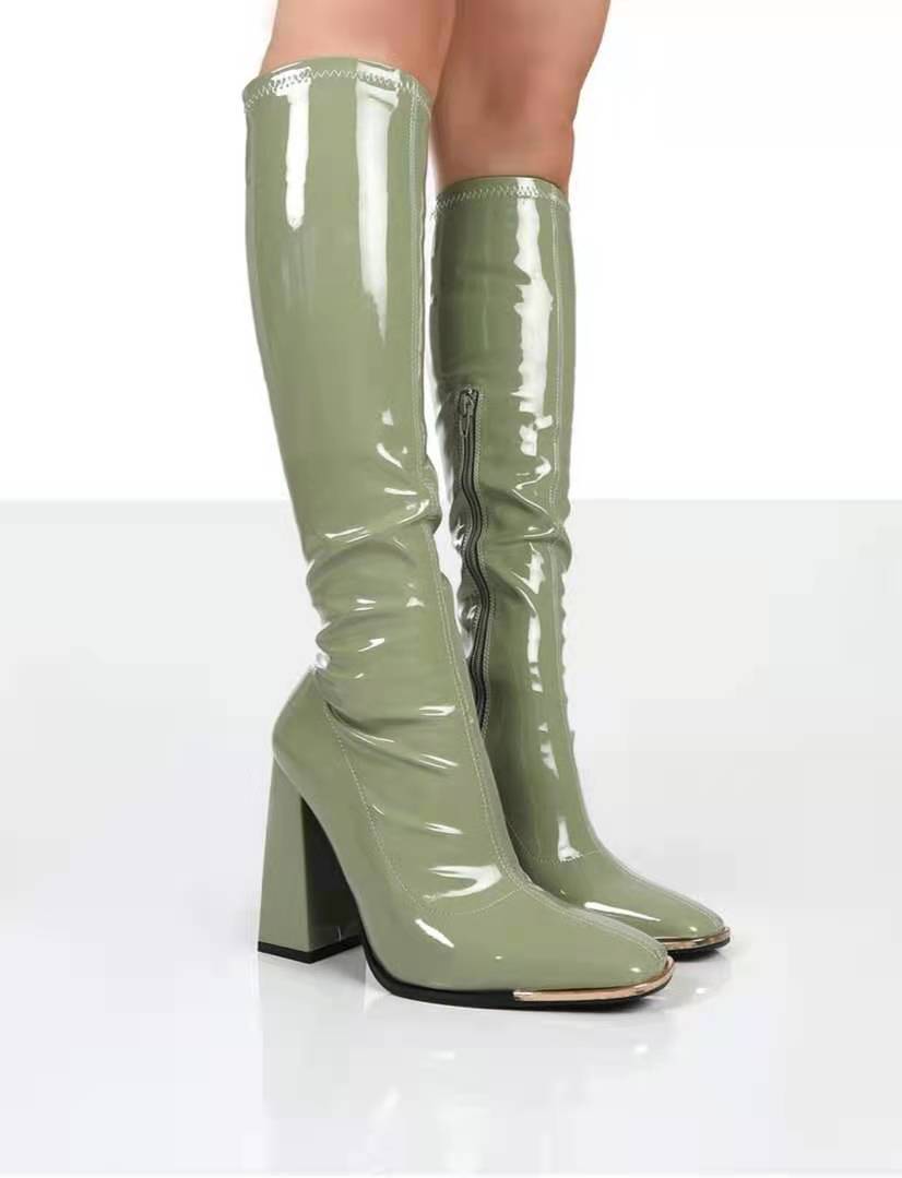 Women's Knee-High Patent Leather Boots with Block Heels, Square Toe and Metal Cap Protection