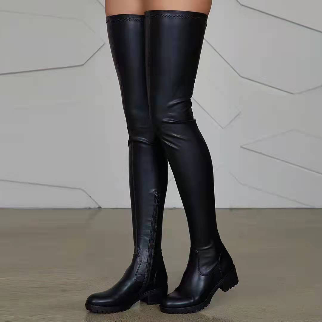 Women Overknee Boots made of Stretch Synthetic Leather with Side Zipper and Robust Profile Sole