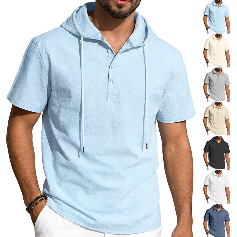 Men's Short-sleeved Hooded Henley made of Slub Cotton with Concealed Button Placket and Drawstring