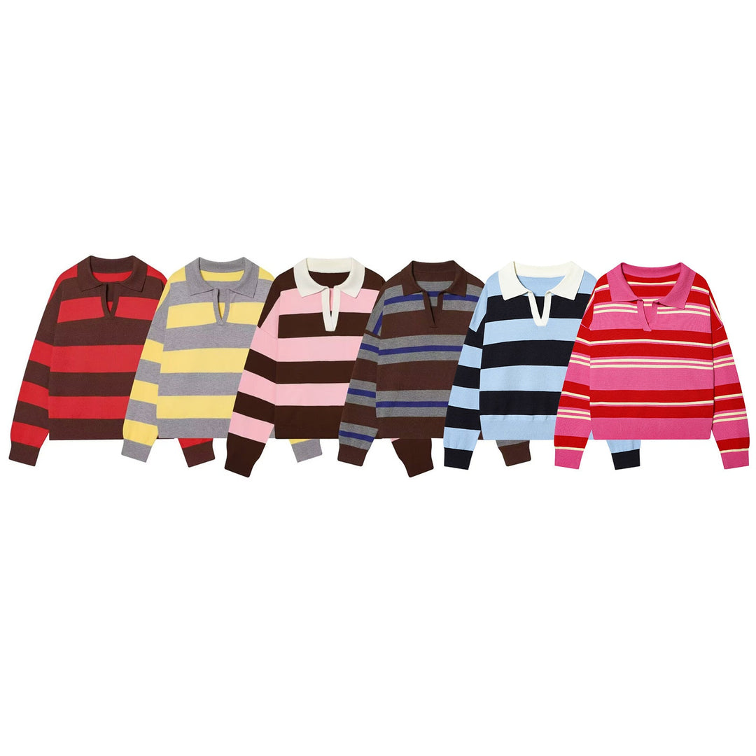 Women's Striped Fine Knit Polo Sweater with Button Placket, Ribbed Cuffs, and Light Wool Blend