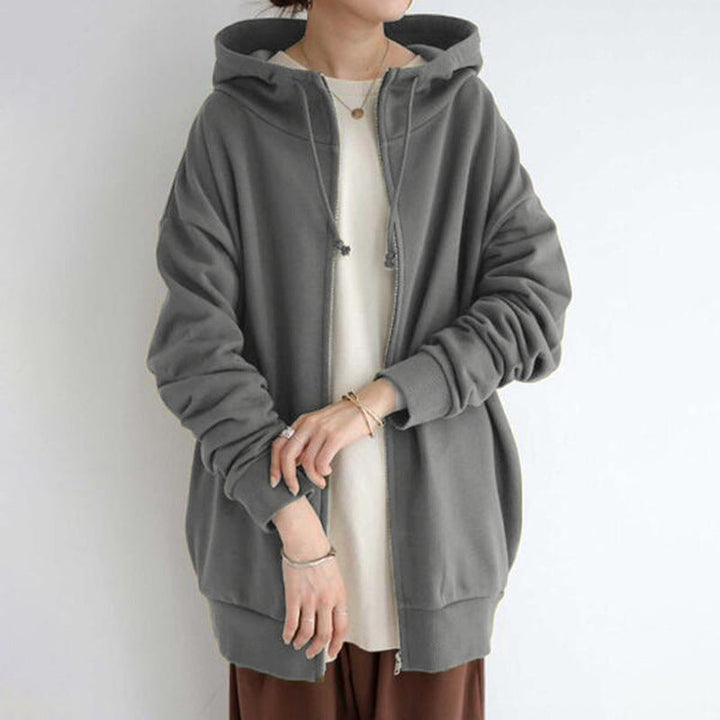 Women's Oversized Hooded Long Pullover with Zipper and Side Pockets