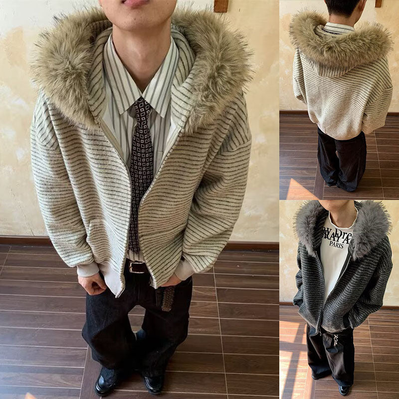 Men's Fashionable Hooded Jacket with Faux Fur Collar
