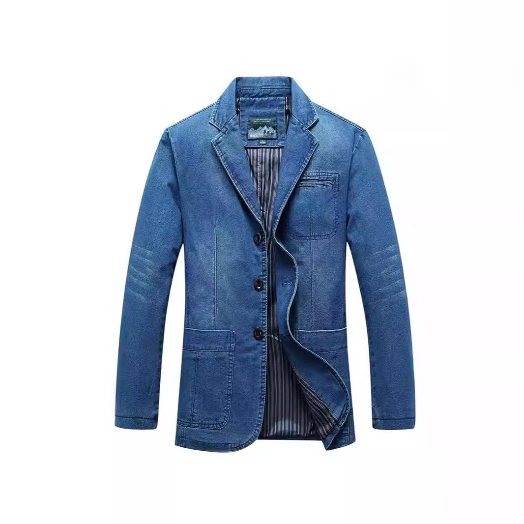 Men's Denim Blazer in a Loose Fit with Lapel Collar and Patch Pockets