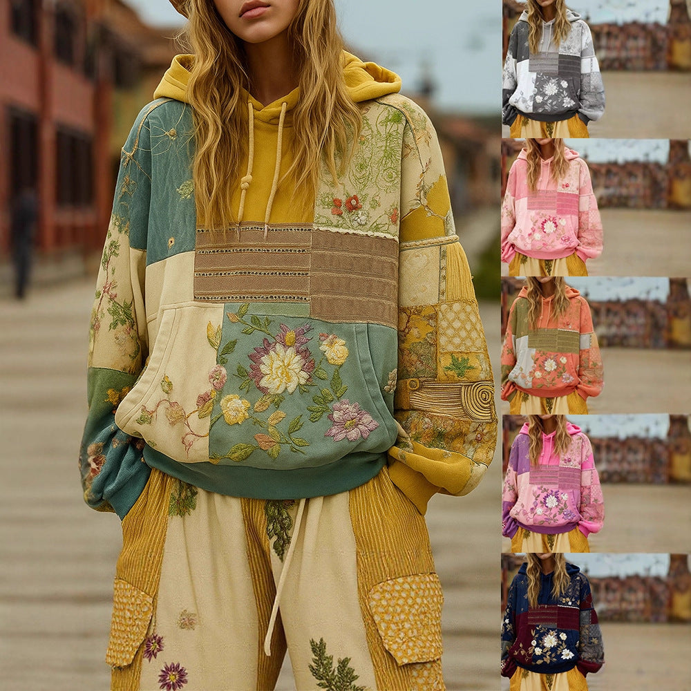 Women's Embroidered Patchwork Hoodie with Flower Applique and Kangaroo Pocket