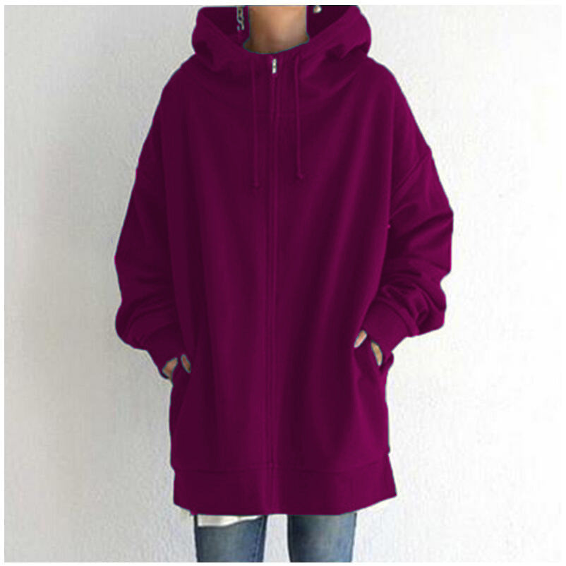 Women's Oversized Hooded Long Pullover with Zipper and Side Pockets