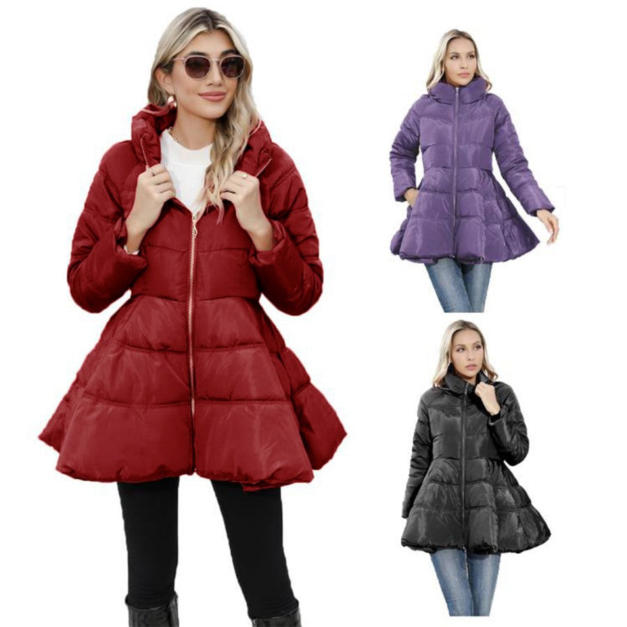 Women's Padded Quilted Coat with Flared Peplum and Stand-Up Collar