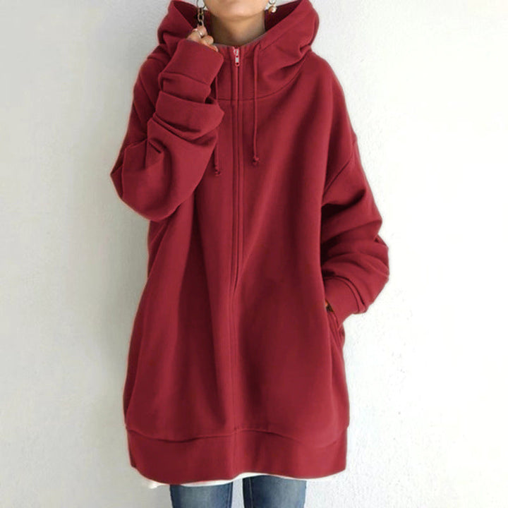 Women's Oversized Hooded Long Pullover with Zipper and Side Pockets