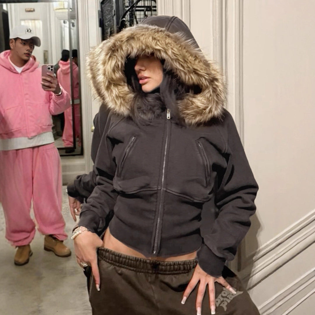 Women's Short Cut Hoodie with Faux Fur Hood, Zipper and Fitted Cuff