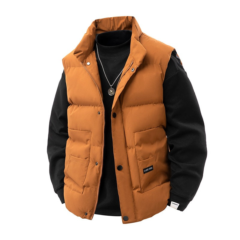 Men's Thermo Quilted Vest with High Collar Trim, Snap Button Front & Mounted Utility Pockets