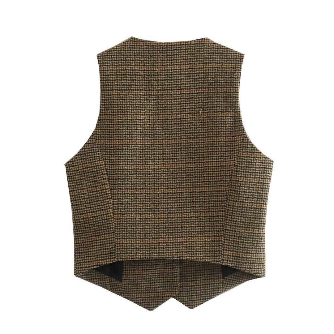 Women's Tailored Houndstooth Vest with V-neck and Classic Button Placket