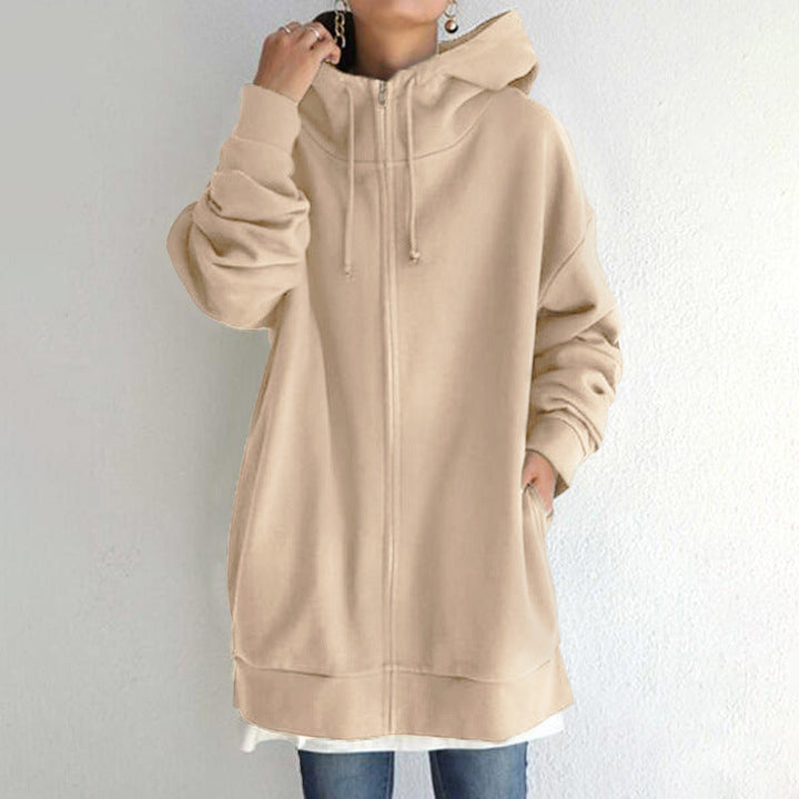 Women's Oversized Hooded Long Pullover with Zipper and Side Pockets