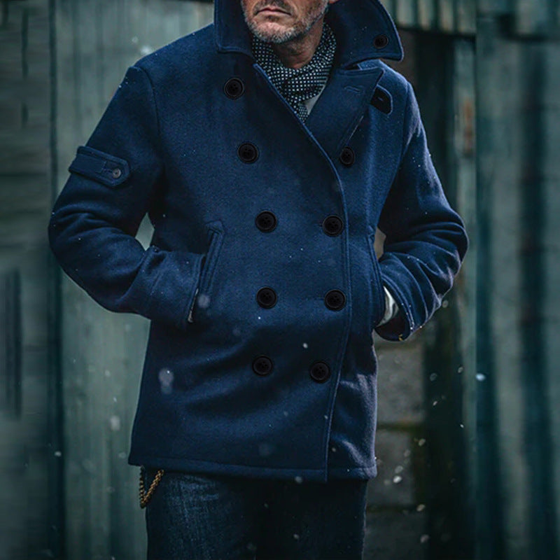 Men's Double-Breasted Wool Coat in Peacoat Style with High Collar