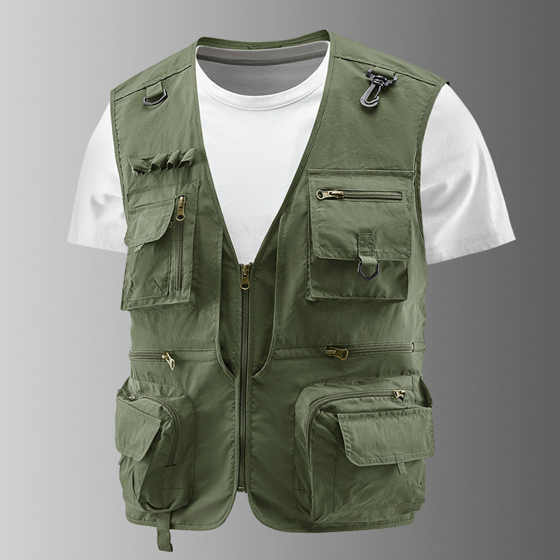 Men's Multifunctional Outdoor Utility Vest with Numerous Zip Pockets, D-ring and Carabiner