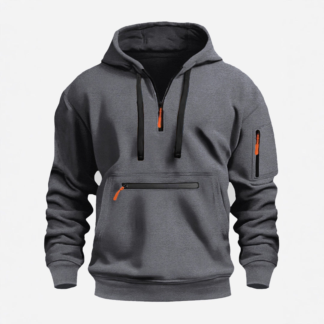 Men's Hoodie with Half Zip, Kangaroo Pocket and Hidden Zippers