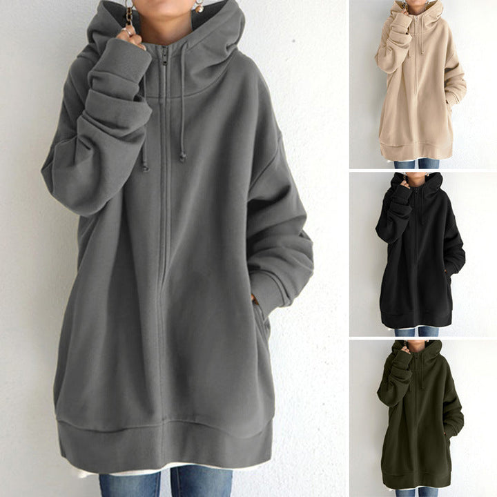 Women's Oversized Hooded Long Pullover with Zipper and Side Pockets