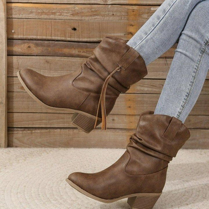 Women's Knee-high Fringe Cowboy Boots with Fine Beaded Fringe Decoration and Sculpted Block Heel