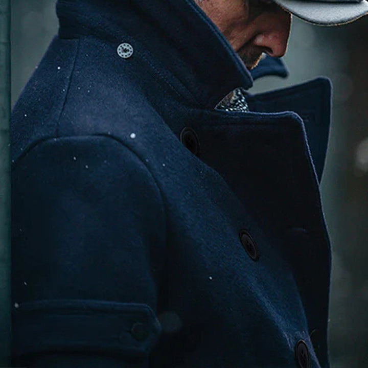 Men's Double-Breasted Wool Coat in Peacoat Style with High Collar