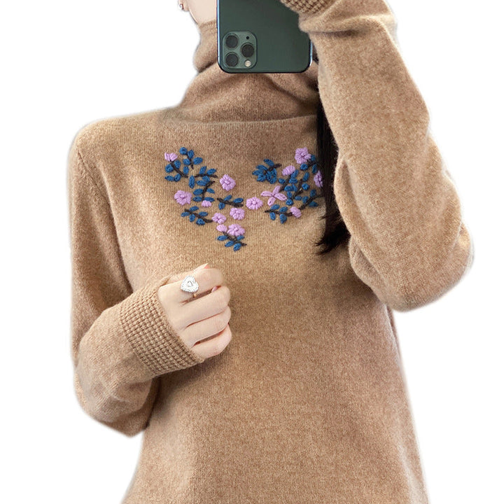 Women's Cashmere-Optics Turtleneck Sweater with Delicate Floral Embroidery on the Chest Area