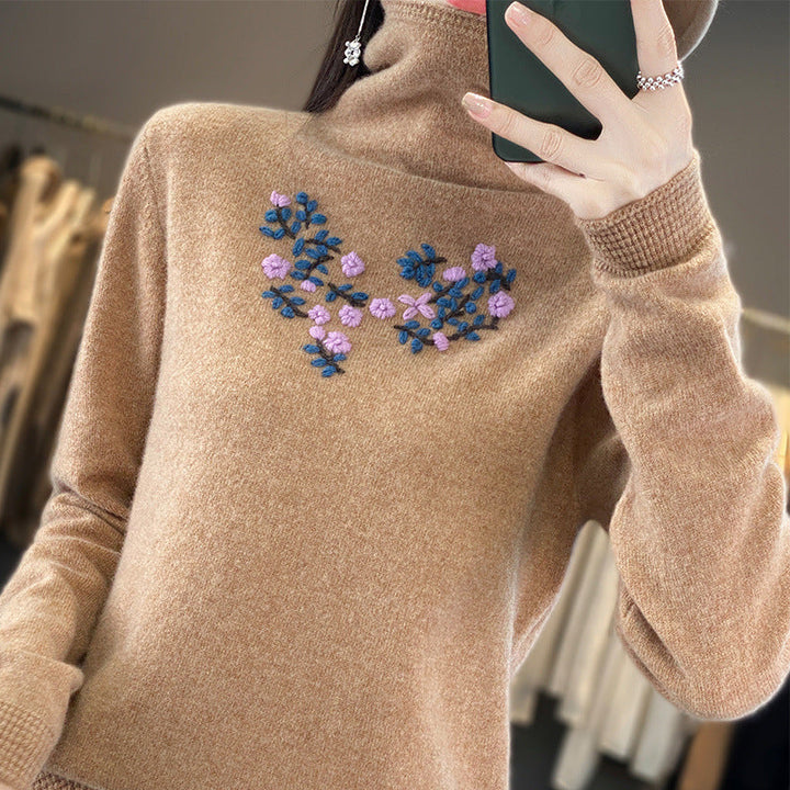 Women's Cashmere-Optics Turtleneck Sweater with Delicate Floral Embroidery on the Chest Area
