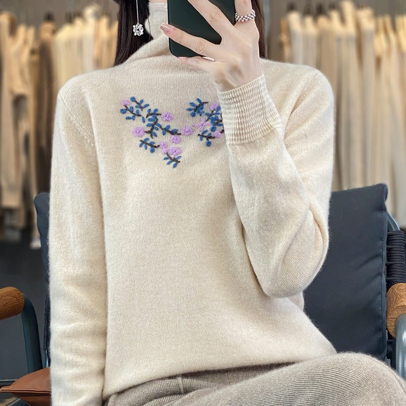 Women's Cashmere-Optics Turtleneck Sweater with Delicate Floral Embroidery on the Chest Area