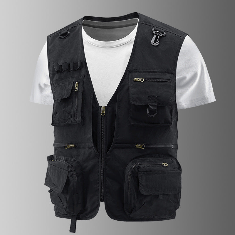 Men's Multifunctional Outdoor Utility Vest with Numerous Zip Pockets, D-ring and Carabiner
