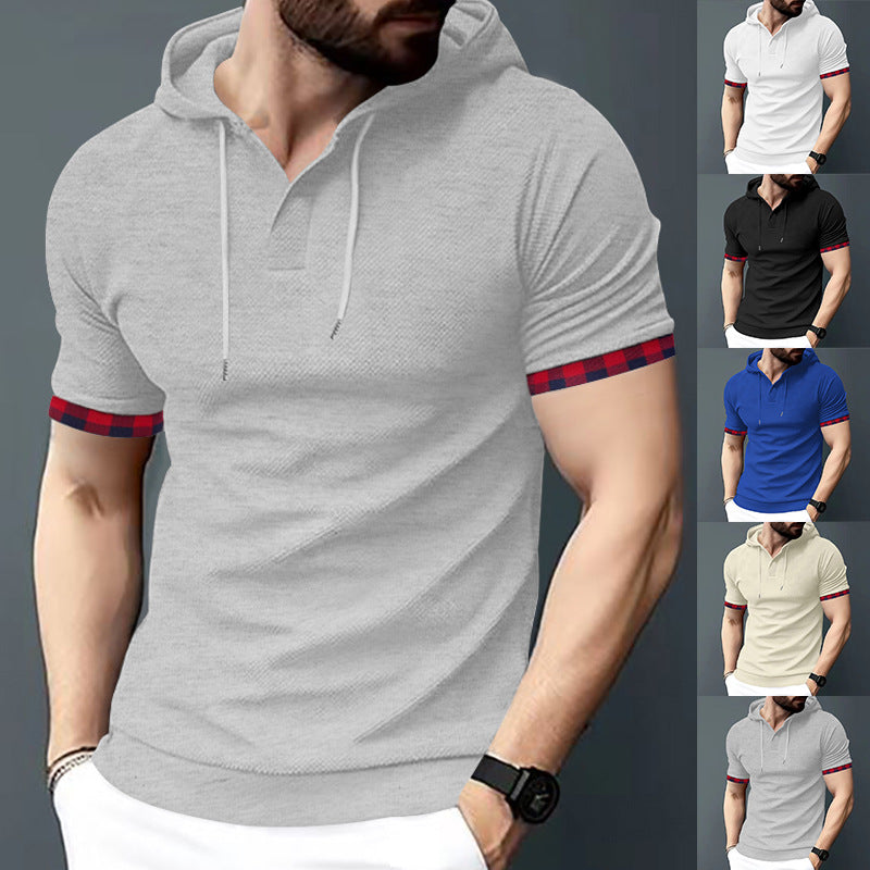 Men's Fitted Short Sleeve Hooded Polo Shirt with Henley Placket and Drawstring