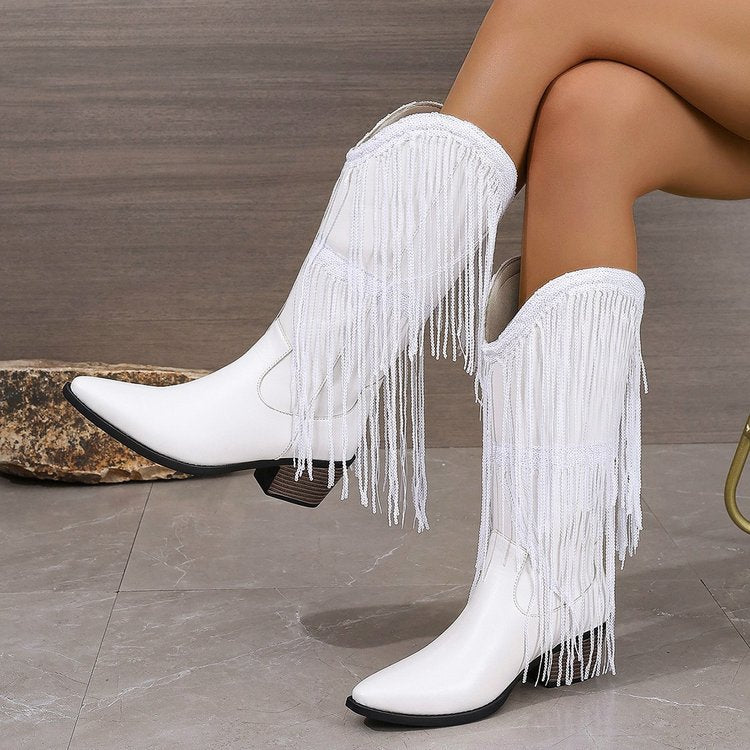 Women's Knee-high Fringe Cowboy Boots with Fine Beaded Fringe Decoration and Sculpted Block Heel