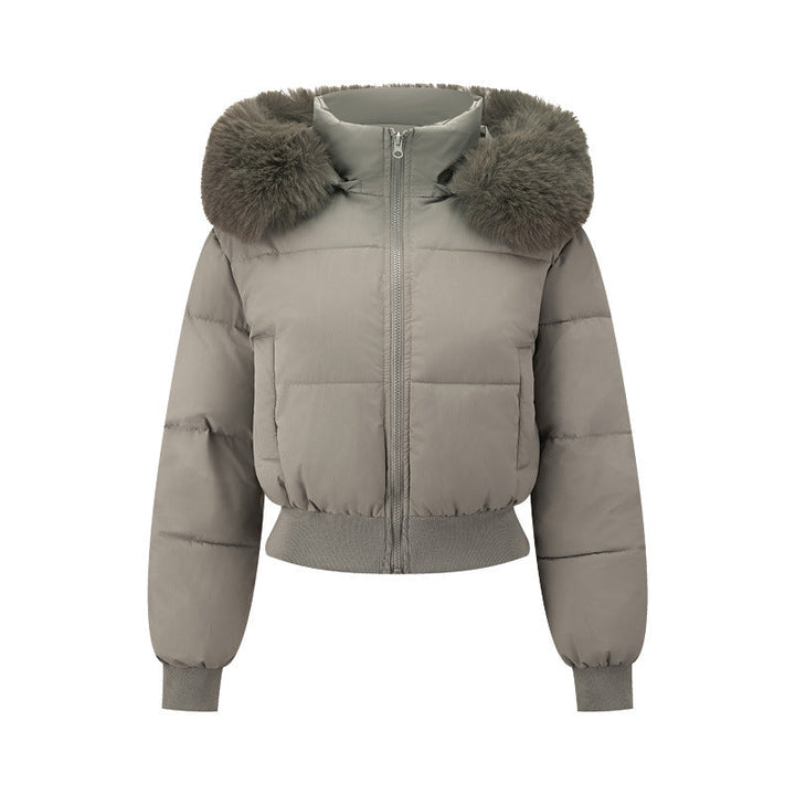 Women's Short Bomber Puffer Jacket with Hood and Removable Faux Fur Collar