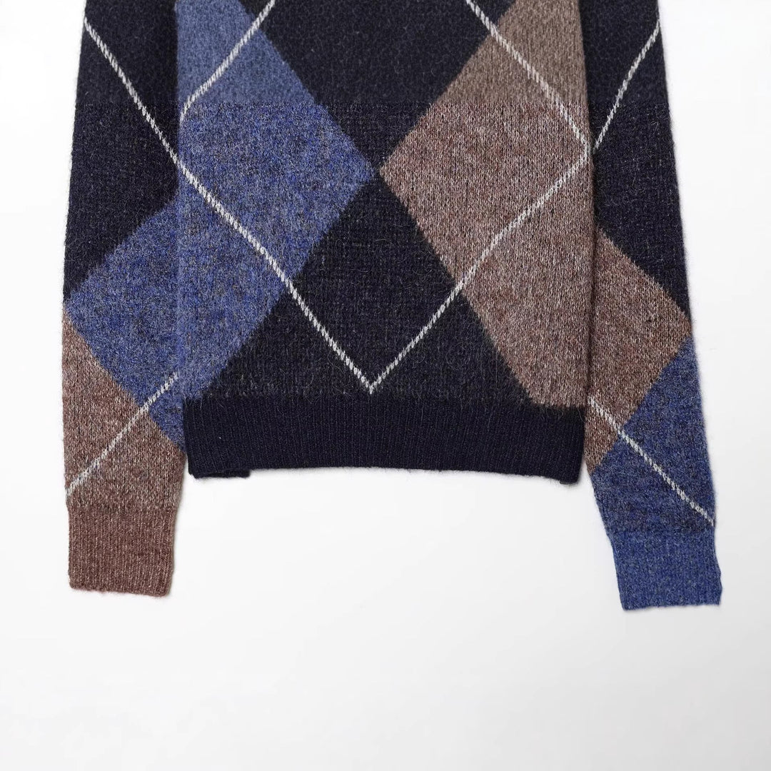 Women's Argyle Knit Sweater with Boxy Cropped Cut