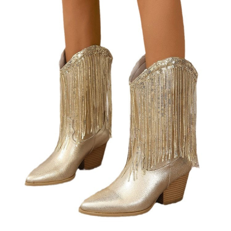 Women's Knee-high Fringe Cowboy Boots with Fine Beaded Fringe Decoration and Sculpted Block Heel