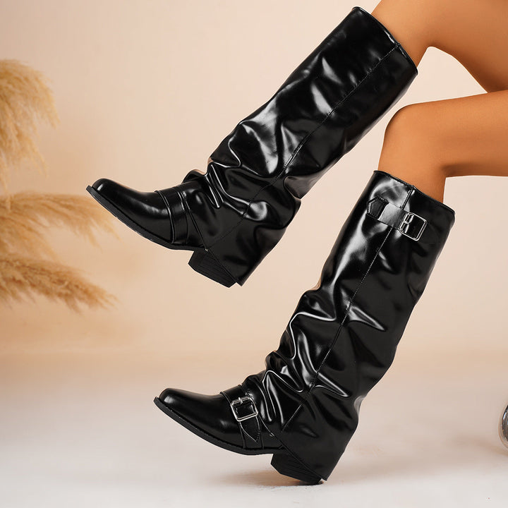 Women's Knee-high Patent Leather Boots with Slip-on Shaft and Adjustable Buckles