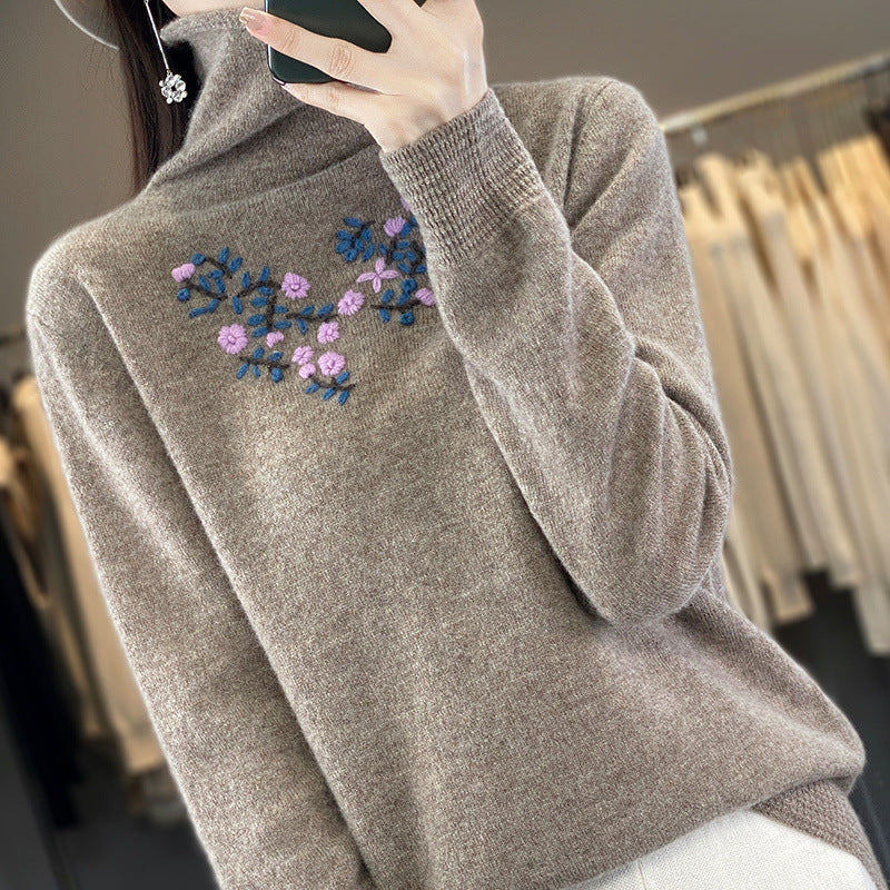 Women's Cashmere-Optics Turtleneck Sweater with Delicate Floral Embroidery on the Chest Area