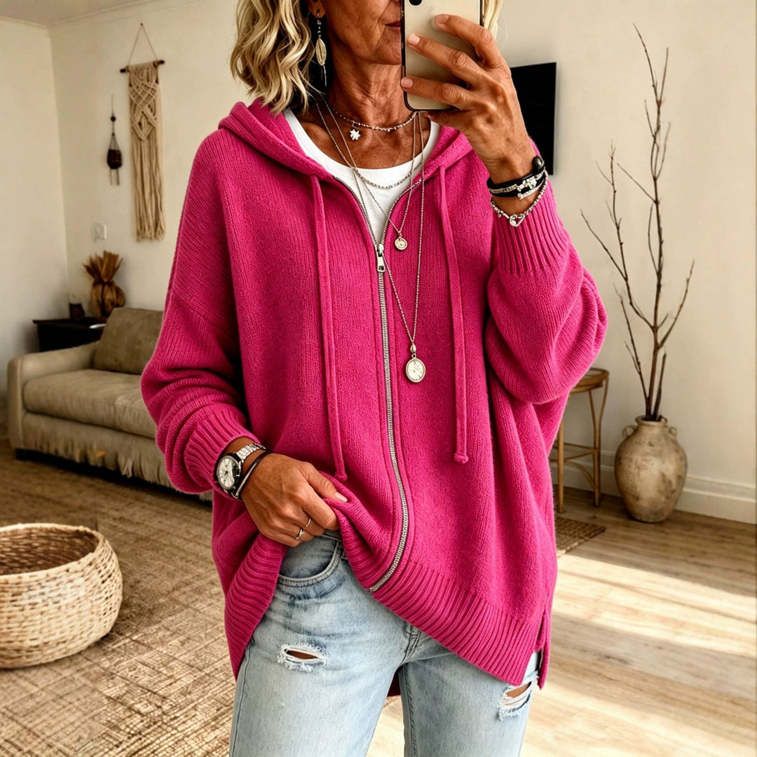 Women's Oversize Hooded Zip Cardigan made of Soft Fine Knit