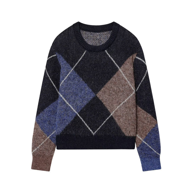 Women's Argyle Knit Sweater with Boxy Cropped Cut