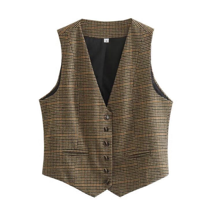 Women's Tailored Houndstooth Vest with V-neck and Classic Button Placket