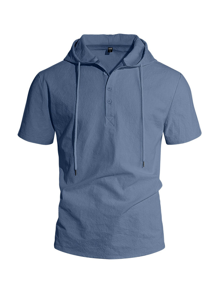 Men's Short-sleeved Hooded Henley made of Slub Cotton with Concealed Button Placket and Drawstring