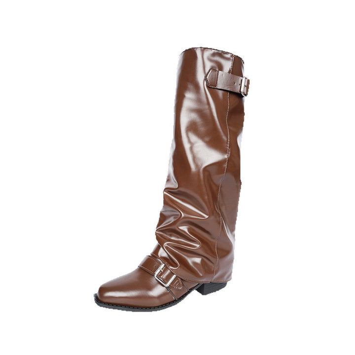 Women's Knee-high Patent Leather Boots with Slip-on Shaft and Adjustable Buckles