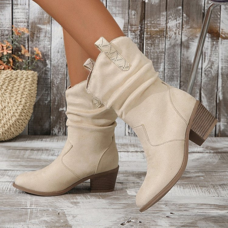 Women's Knee-high Fringe Cowboy Boots with Fine Beaded Fringe Decoration and Sculpted Block Heel