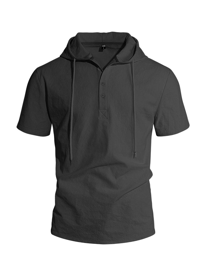 Men's Short-sleeved Hooded Henley made of Slub Cotton with Concealed Button Placket and Drawstring